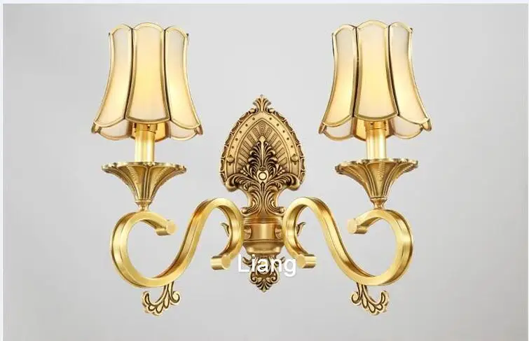 2l Wall Lamp C Европейский медный настенный светильник с одной/двойной головкой, светильник для прихожей, спальни, латунное стекло, настенное бра, AC, гарантия - Цвет абажура: 2l Wall Lamp C