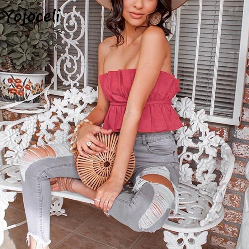 Yojoceli pretty Топы без бретелек блузки с оборками женские пляжные блузы в стиле бохо