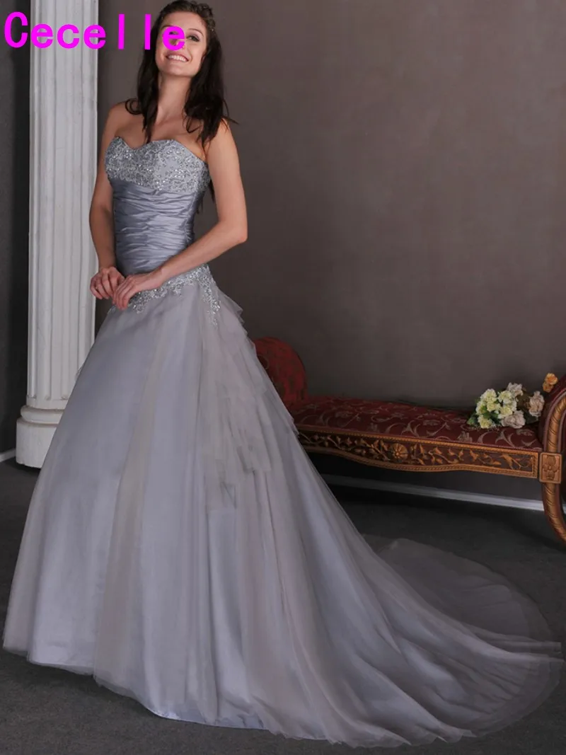 

Silver Grey Ball Gown Princess Colorful Wedding Dresses Bridal Gowns Sweetheart Beaded Taffeta Tulle Robe De Mariee Real