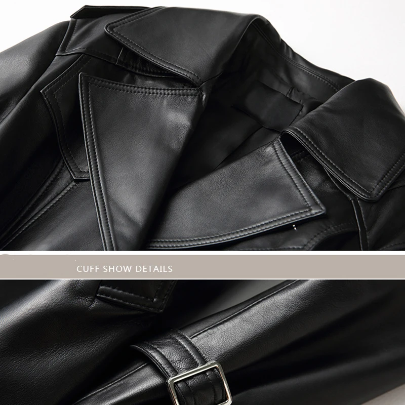 Женская кожаная куртка пальто из натуральной кожи с поясом длинная на