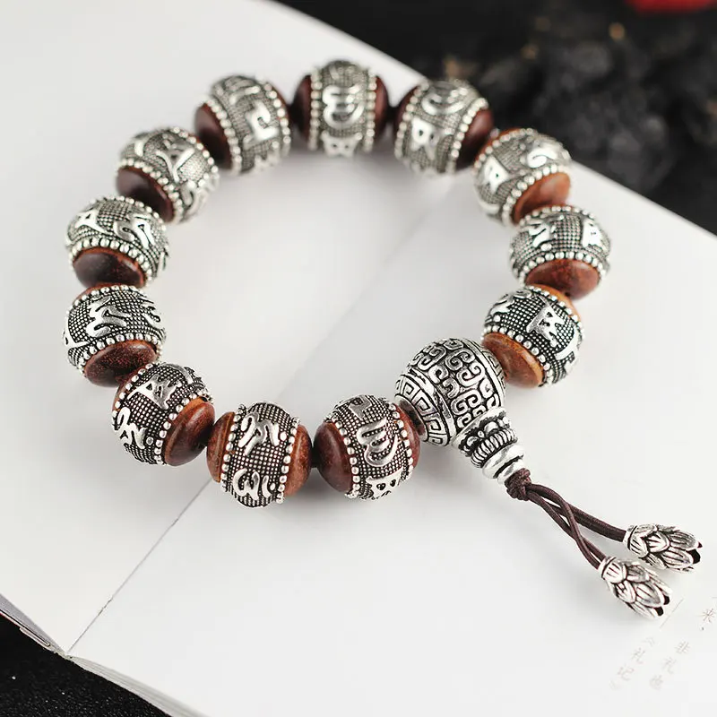 

100% Silver Sandalwood Traditional Tibetan Buddhism Bracelet Six Words Mantras OM MANI PADME HUM Antiqued Metal Amulets Beads
