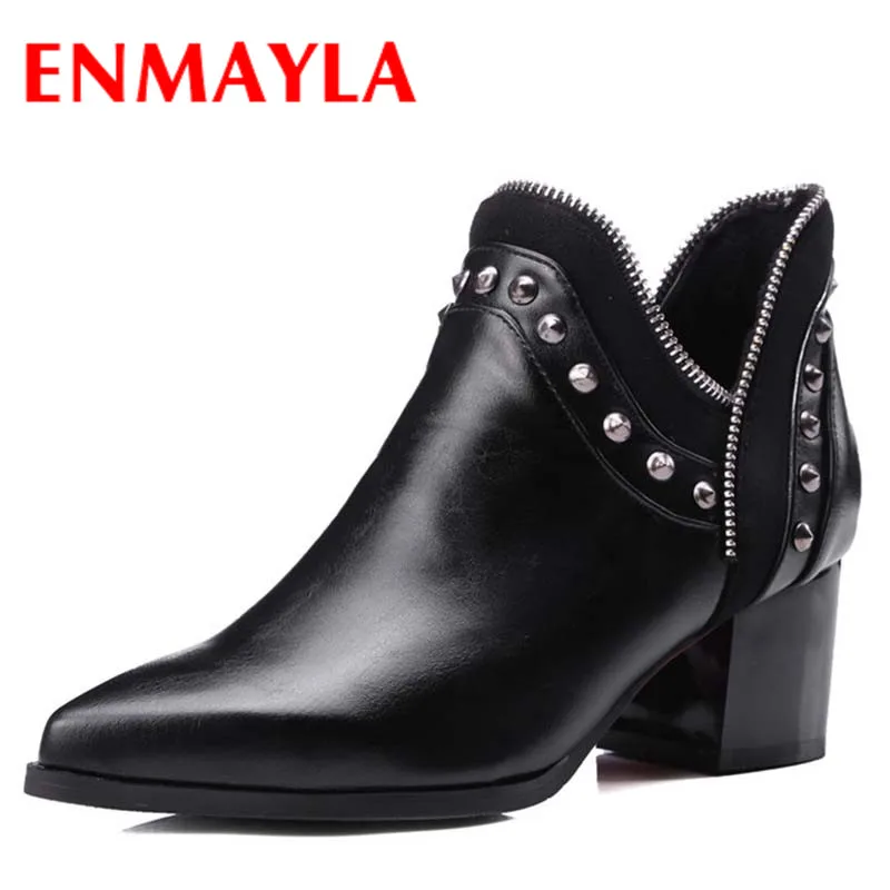 

ENMAYLA Rivets Slip-On Large Size 34-43 Autumn/Winter Boots Pointed Toe Shoes Woman Sexy Ankle Boots for Women Black Yellow Gray