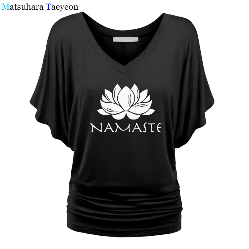 Модная женская одежда, футболка с принтом Namaste, женская футболка с рукавом «летучая мышь», женские топы, одежда, футболка, брендовая одежда для девочек - Цвет: 1