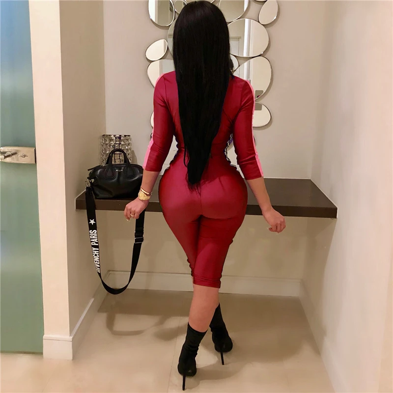 Adogirl Модный повседневный женский гоночный костюм боковой клетчатый сексуальный на молнии с v-образным вырезом 3/4 рукав утягивающий комбинезон длиной до икры брюки комбинезоны