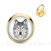 wolf head pattern rings vintage silvergolder plated metal buckle punk jewelry 16mm glass dome charm rings for women