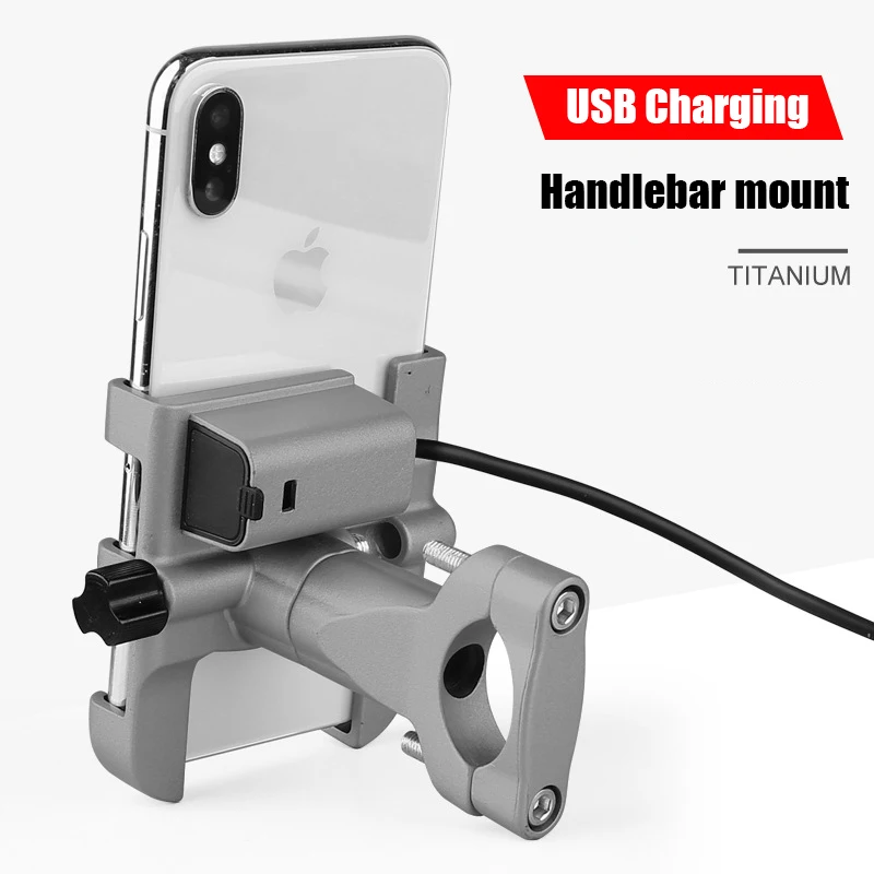 ARVIN мотоциклетный зарядный алюминиевый держатель для телефона с USB зарядным устройством Moto Handlebar кронштейн Подставка для 3-6,4 дюймов крепление для мобильного телефона - Цвет: Handlebar Titanium