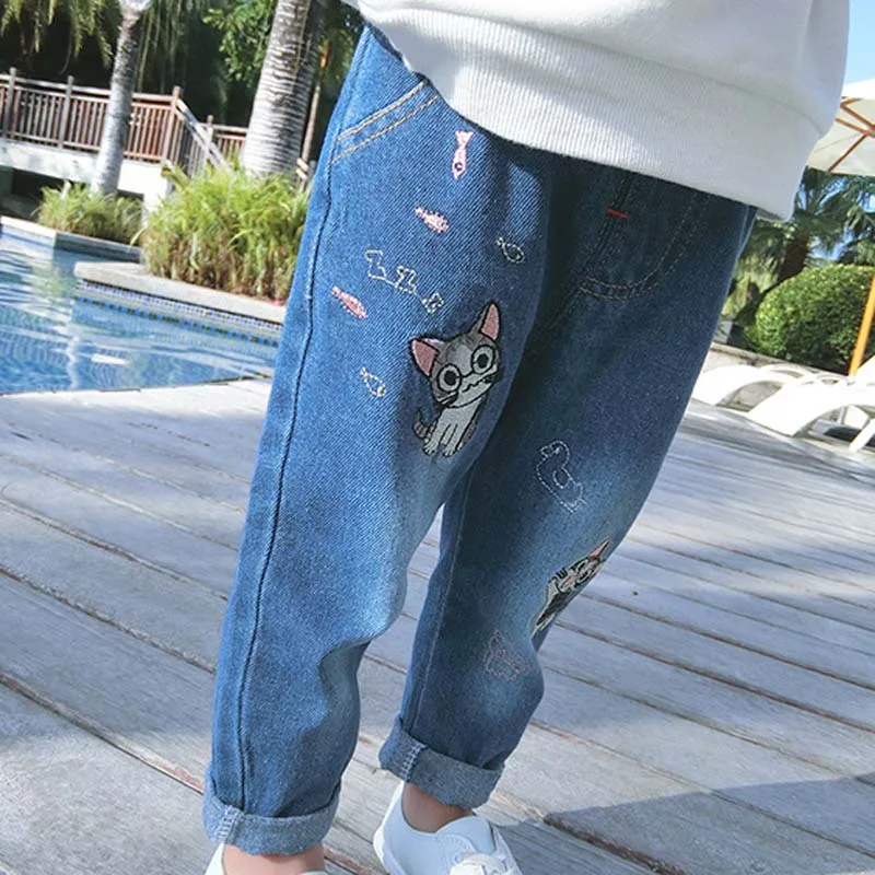 Hzirip Новинка 2017 года Демисезонный Модные джинсы для девочек длинные Брюки Кот