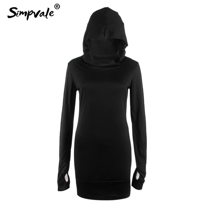 SIMPVALE/мини платье с длинным рукавом капюшоном отверстием на палец для женщин