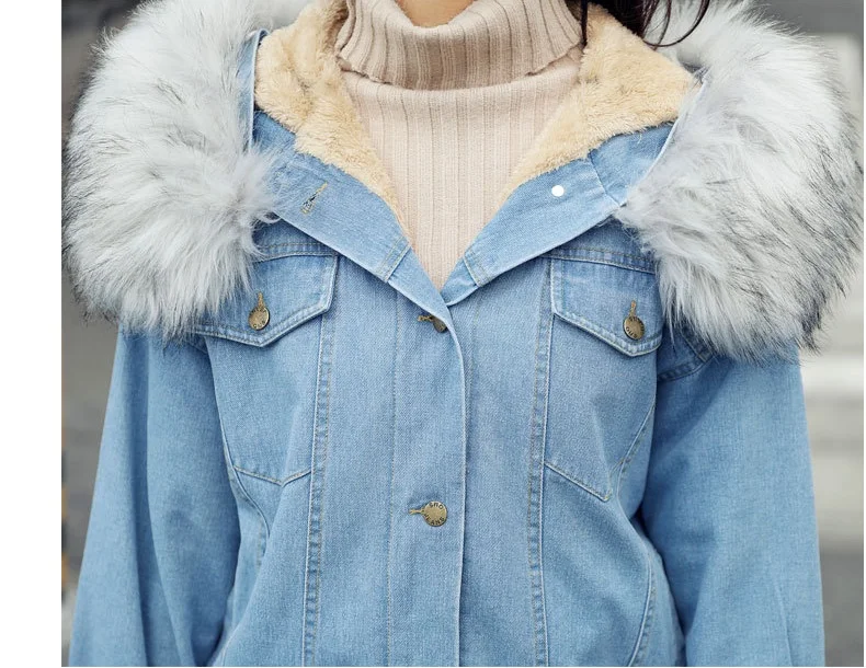 Женская зимняя Джинсовая Куртка парка 2018 Студенческая bf ретро большой меховой