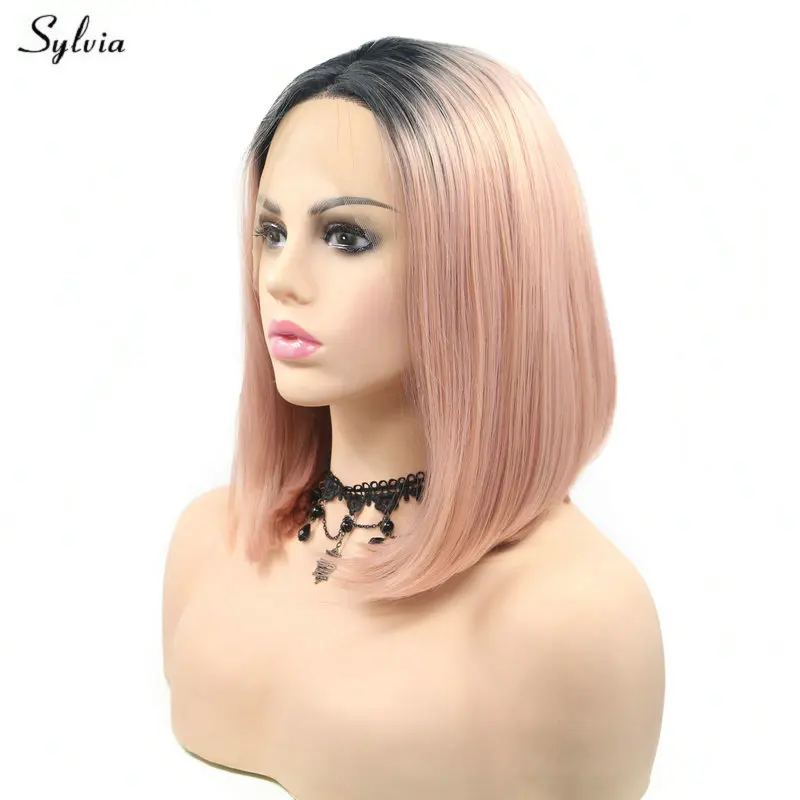 Sylvia 14&quot Black Roots To Pink Lace Front Wig Short Bob Synthetic Women Wigs Heat Resistant Fiber Hair For Summer Female Girls | Шиньоны