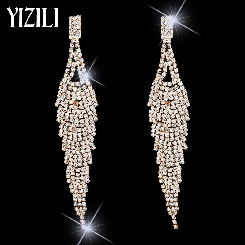 YIZILI новые женские блестящие длинные Кристальные Подвески Серьги для женщин корейские серьги с кисточками ювелирные изделия Высокое качество подарки E010 - Окраска металла: gold plated W