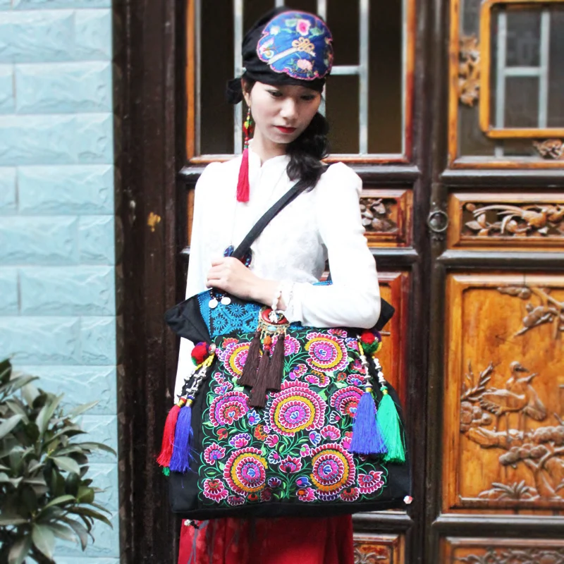 Супер большой 50 см Этническая сумка с вышивкой Hmong Boho Thai Tassel Вышитые Сумки