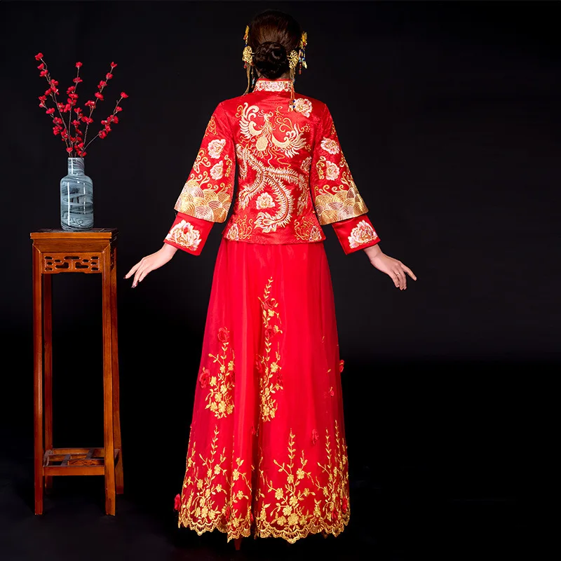 

bride wedding dress Traditional chinese style costume Phoenix cheongsam Embroidery clothing Luxury ancient Royal Red Qipao gown