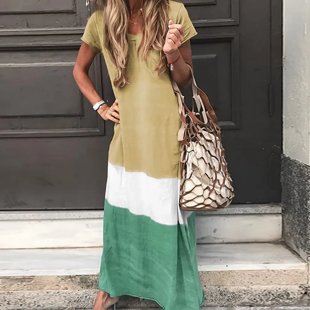 MISSOMO Maxi платье Женщины Свободный Цвет Блок Лоскутная длинное с коротким рукавом