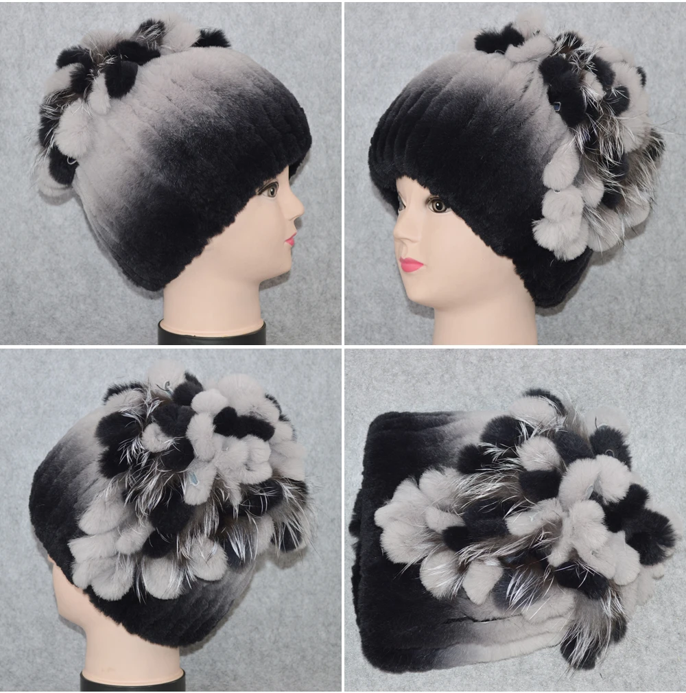 Новые женские шапки Настоящий мех кролика Skullies, роскошные эластичные вязаные цветочные шапки из натурального меха кролика Рекс, зимние шапки из натурального меха