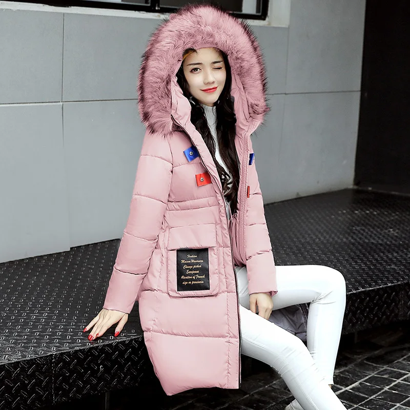 2017 new women winter pocket letter pattern long Slim Big Fur collar parkas coat Female Hooded cotton thicken warm jacket | Женская