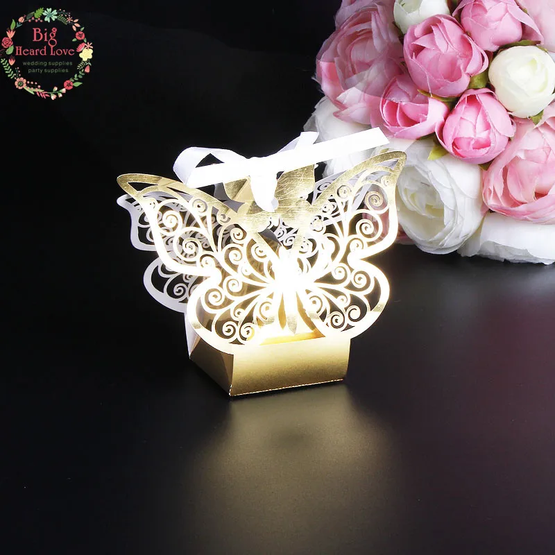 50 шт. Лазерная резка Бабочка Свадебная коробка для конфет Свадебные сувениры и подарки для рождества и свадебной вечеринки украшения(можно настроить - Цвет: metal golden