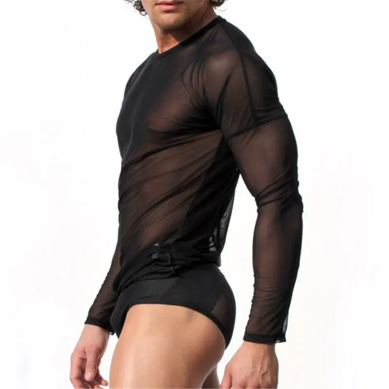 Мужские модные топы сексуальные футболки с длинными рукавами из газовой ткани