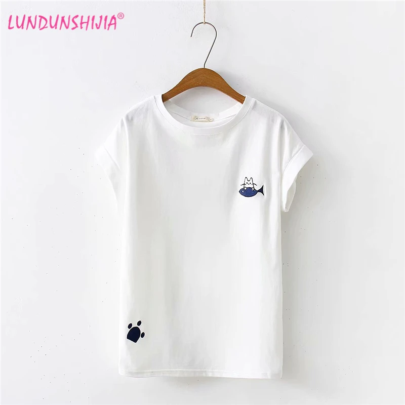 Футболка LUNDUNSHIJIA женская с вышивкой 100% хлопок летняя повседневная