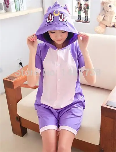 Kawaii аниме Фиолетовый кот комбинезон толстовка пижамы для взрослых Летние