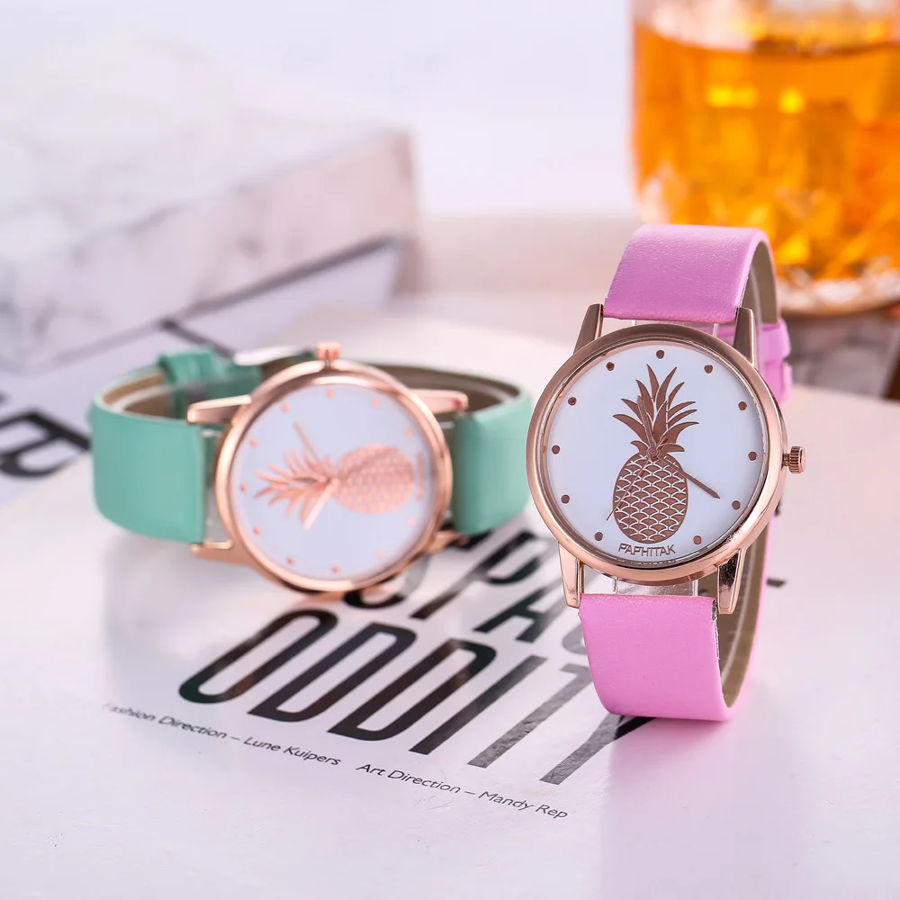 Мода ананас циферблат наручные часы Reloj para mujer кожаный ремешок Для женщин