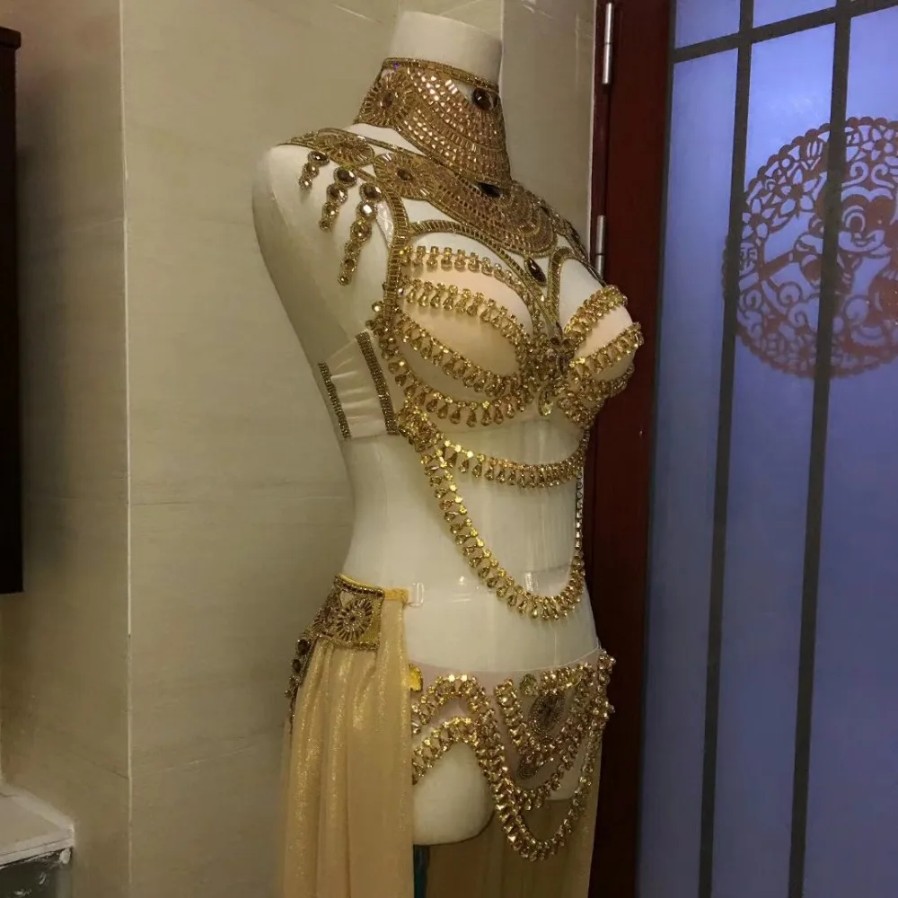 Stage wear Prom Sexy Sequin Gold Rhinestone Outfit Bra Short Skirt Crystal Design Party Dress Dj Female Singer Nightclub Costume |
