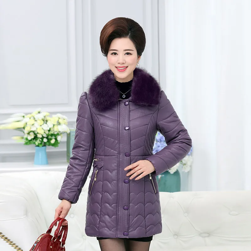 purple Зимние женские парки куртка новая pu кожаная куртка пальто одежда для матери среднего возраста теплая пуховая хлопковая куртка размера плюс 5XL - Цвет: purple