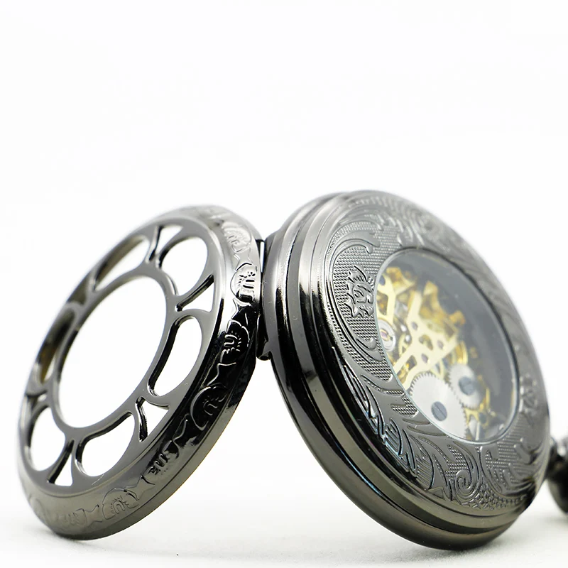 Black Magic Pattern Hollow Quartz Pocket Watch Retro Steampunk Manual Winding Watch Men's Fob Chain Accessories Gift Clock