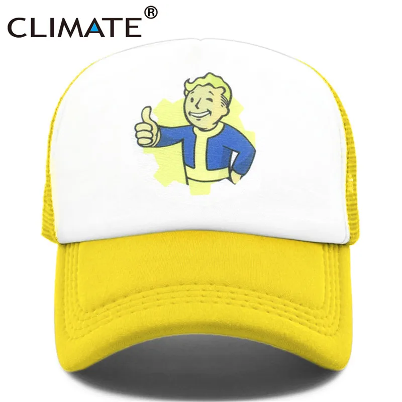 Климат Fallout Trcuker кепка мужская шляпа Nuka Cola Trcuker Кепка хранилище кепки для мальчиков мужчин и женщин забавные крутые Fallout Shelter сетчатая Кепка шляпа - Цвет: Yellow
