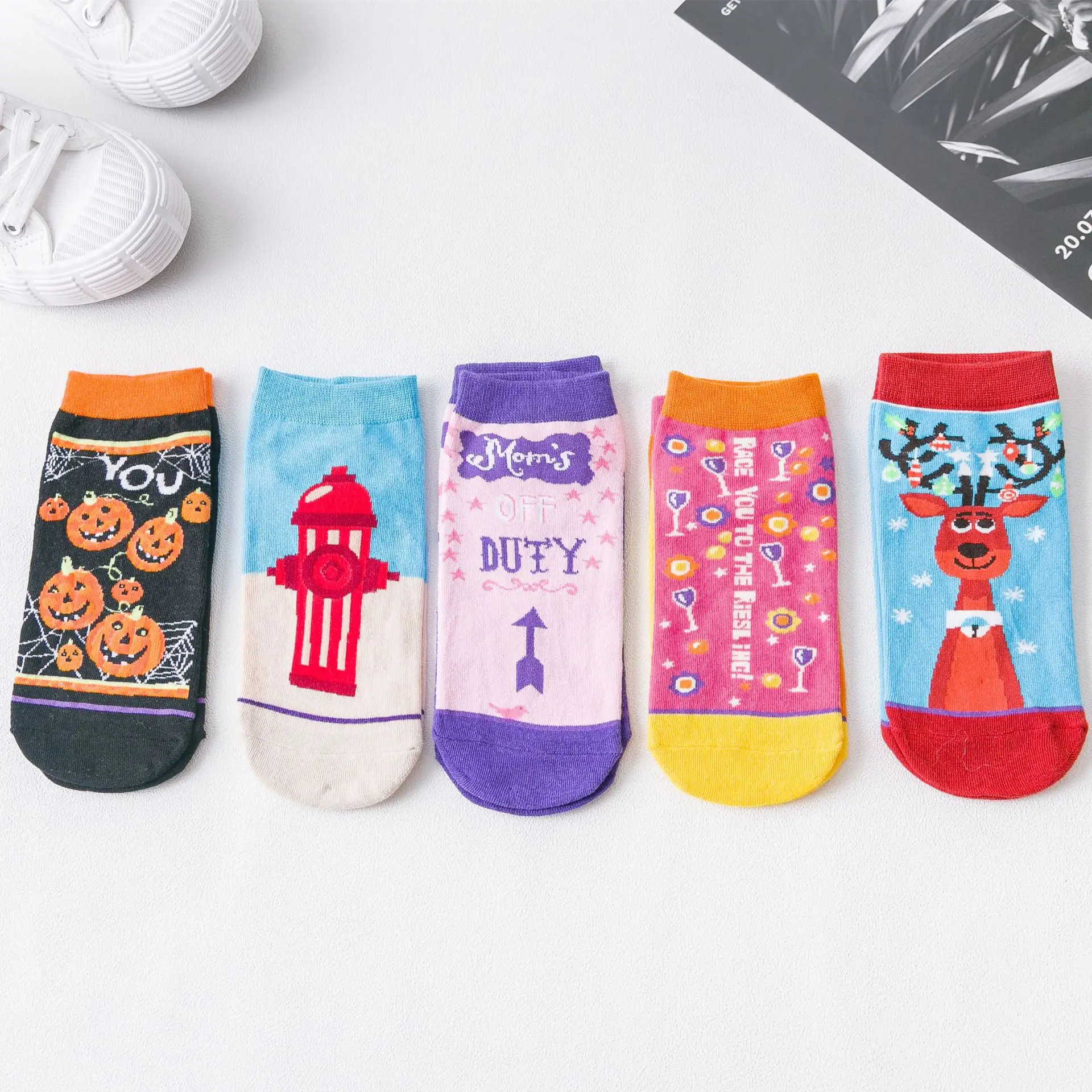 Популярные модные носки Harajuku с забавным рисунком из мультфильма chaussettes, женские носки с головой тыквы и лося, милые носки до щиколотки kawaii happy