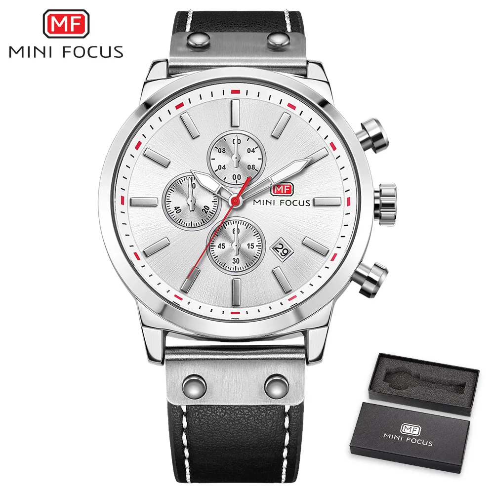 Silver White Мини фокус спортивные часы для мужчин водонепроницаемый кожаный ремешок для мужчин s наручные кварцевые часы для мужчин s люксовый бренд Relogio Masculino часы для мужчин - Цвет: Silver White