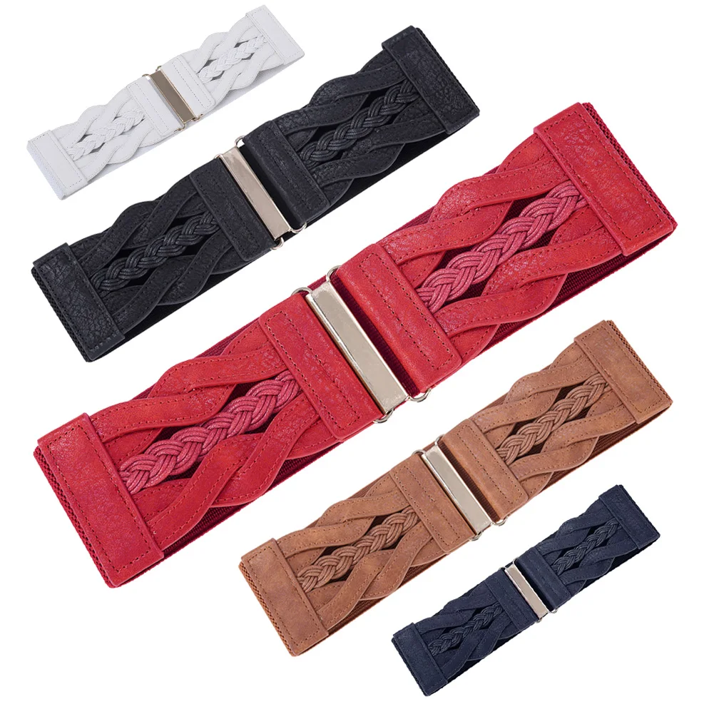 

Grace Karin Women belts Ladies 3" Wide Braided belts high quality vintage Polyurethane Leather Elastic Waist Belt Waistband
