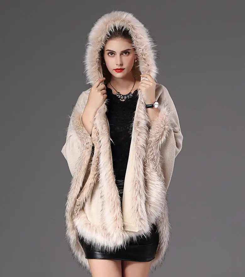 Europe 2019 autumn winter loose Imitation raccoon fur collar hooded sweater cardigan women fashion warm Shawl cloak coat w706