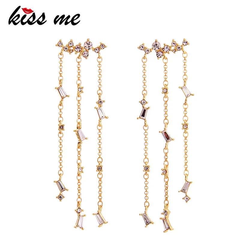 KISS ME Gold Color Alloy Long Tassel Dangle Earrings New Design Clear Crystal Chandelier Women Bijoux | Украшения и аксессуары