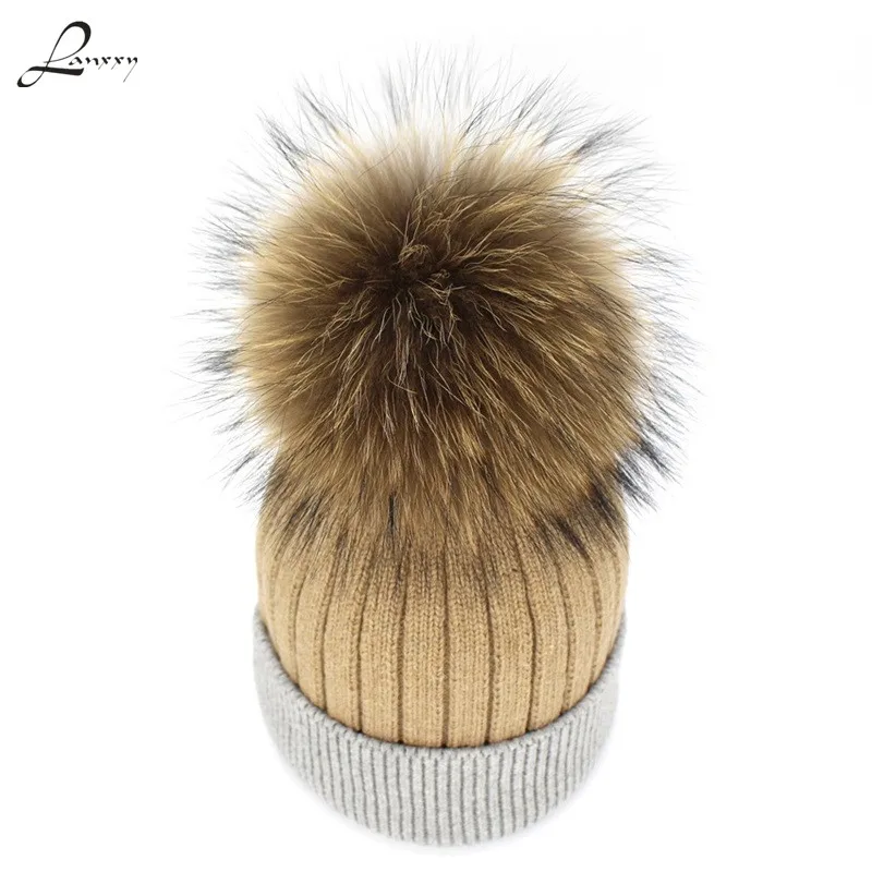 

Lanxxy Women Knitted Beanie Cap Gorro Real Fur Pom Pom Hat Bonnet Casual Winter Hats pompom