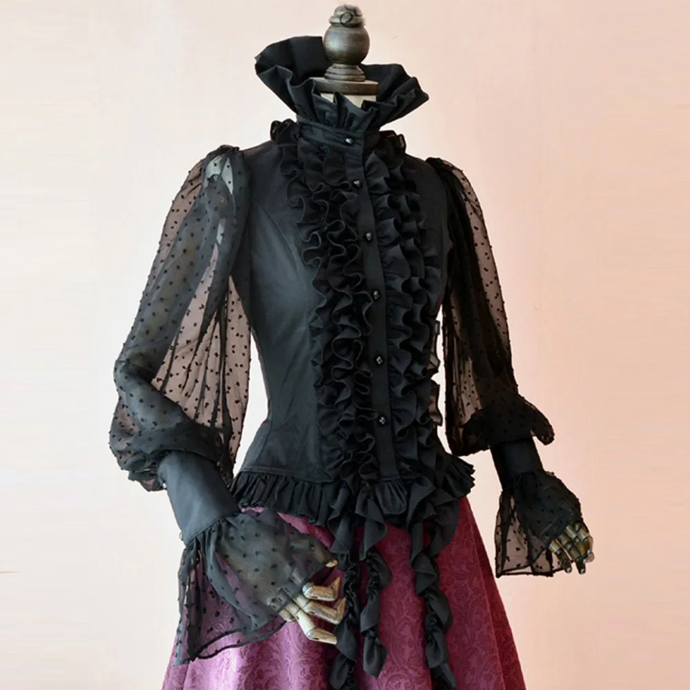 

Spring summer women shirt Steampunk tops vintage Victoria Gothic costume office shirt Female Dovetail tassels black blouse