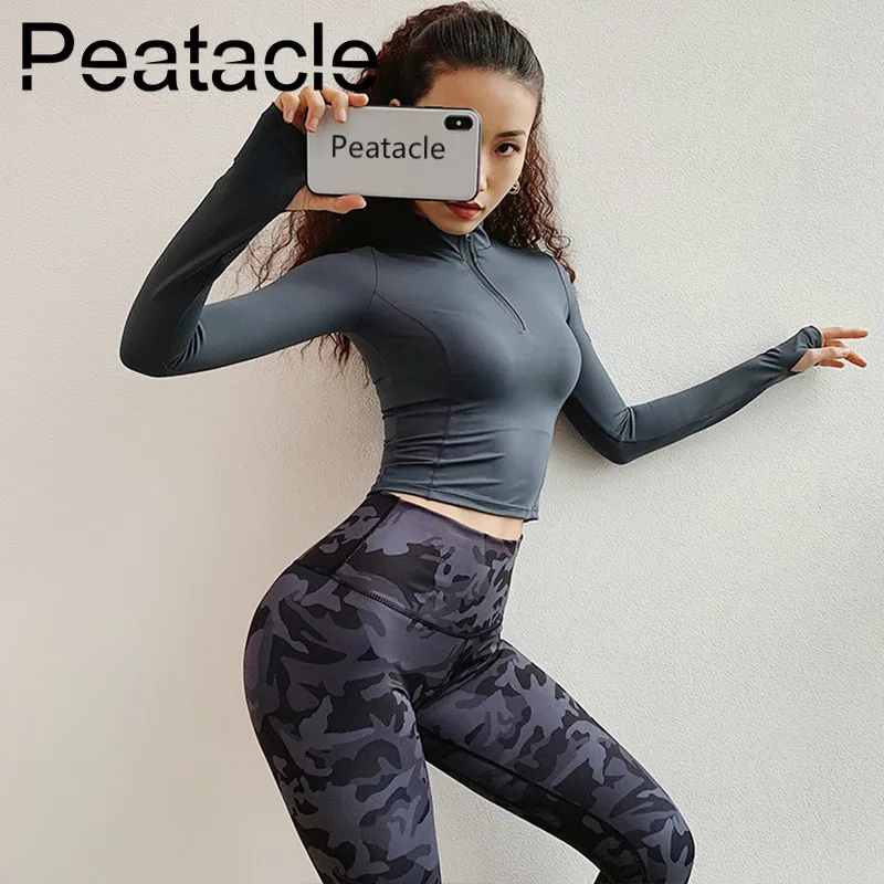 

Peatacle 2019 New Woman Half Zipper Yoga Top Long Sleeve T-shirt Gym Sexy Crop Tops Elastic Tight Running Sport Workout Shirts