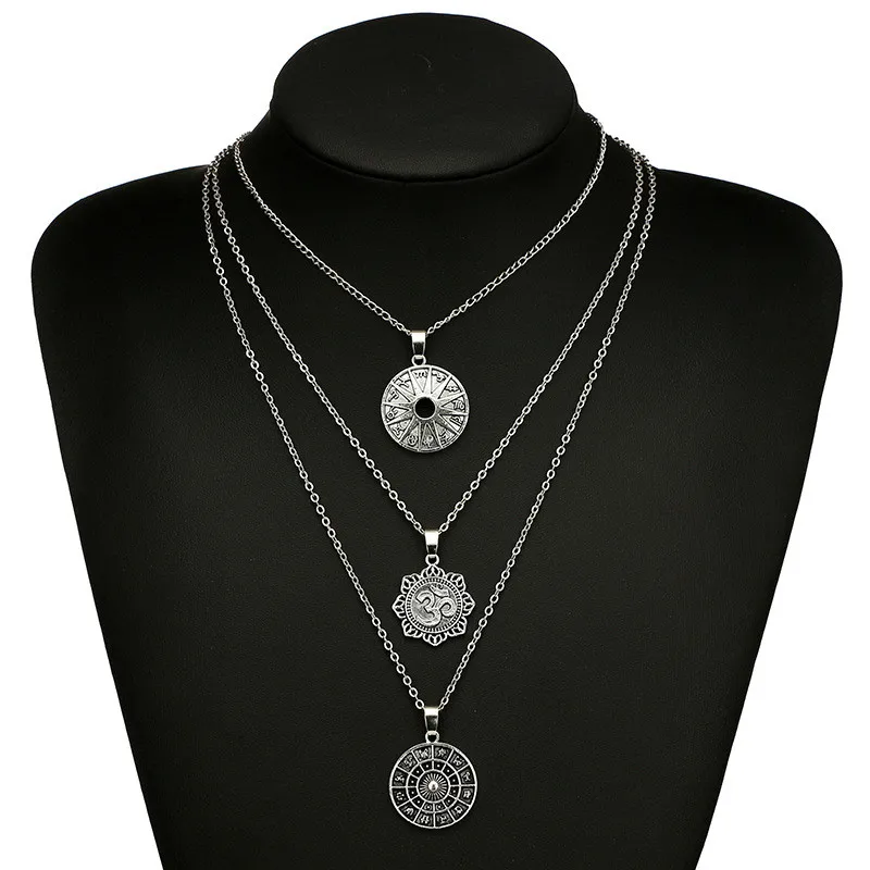 

Bohemian Three Layer Round Sun Flower Pendant Necklace Fashion Ancient Silver Color Chain Necklace For Women Wedding Party Gift