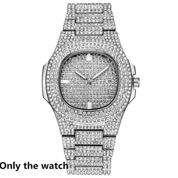 Only Silver watch Золотое ожерелье+ часы+ браслет в стиле хип-хоп, кубинская цепочка в стиле «Майями», вымощенные стразы, CZ Bling Rapper для Мужчин, Ювелирные изделия - Окраска металла: Only Silver watch