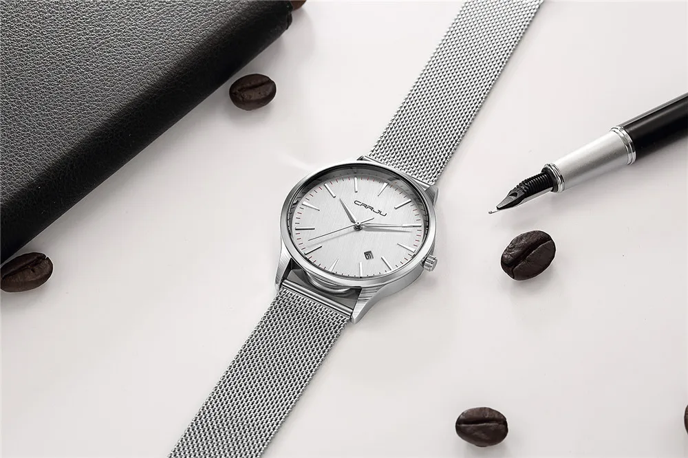 CRRJU Calander Бизнес Мужские часы из нержавеющей стали с сетчатым ремешком круглые