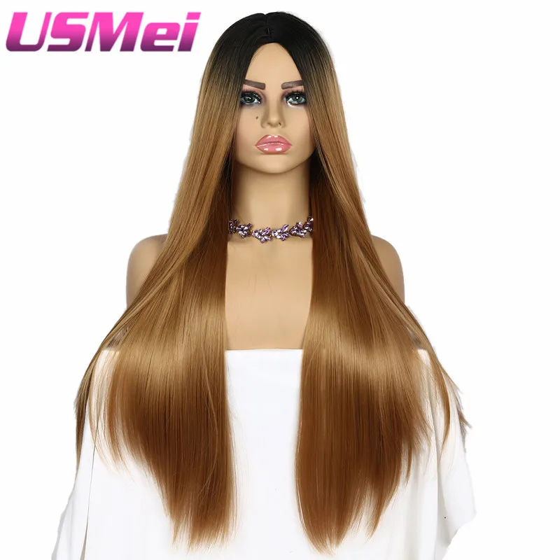 

USMEI 30Inches Long Straight Black Root Ombre wig blonde Brown Synthetic Wigs Heat Resistant Fiber For Women Cosplay middle part