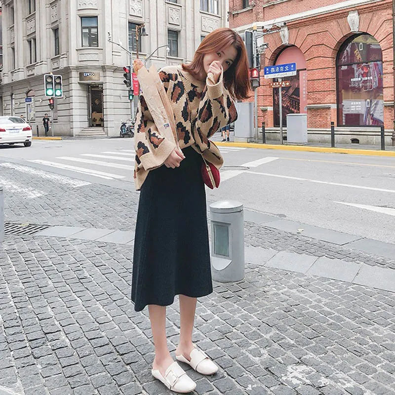 NORMOV Fashion Womens Autumn And Winter New High Waist Long Section Knitted Skirt Wool A Word Skirt Solid Color Casual Skirt