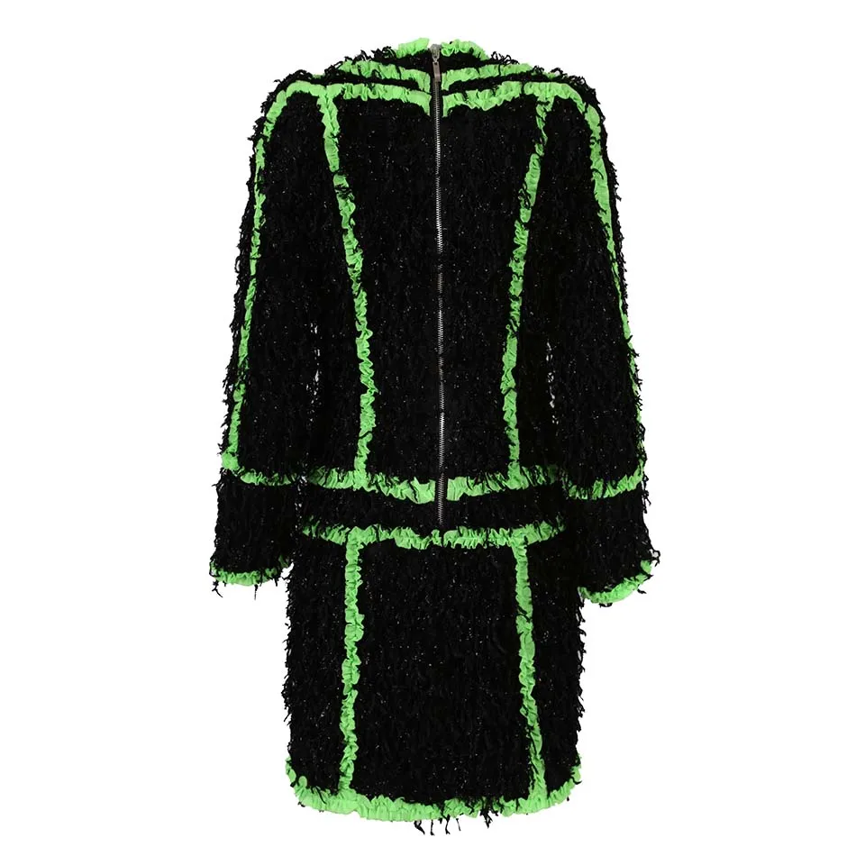 

2021 New Women's Slim Long Sleeve Round Neck Fashion Elegant Jacket Tassel Pocket Back Zip Black And Fluorescent Green Jacket