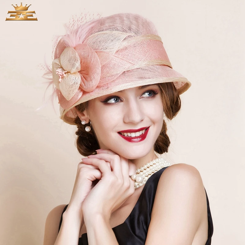 Lady Fashion Hat Women Elgant England Fedoras Linen Cap Ladies Spring Organza Sinamay Bucket Flower Fedora B-8146 | Аксессуары для