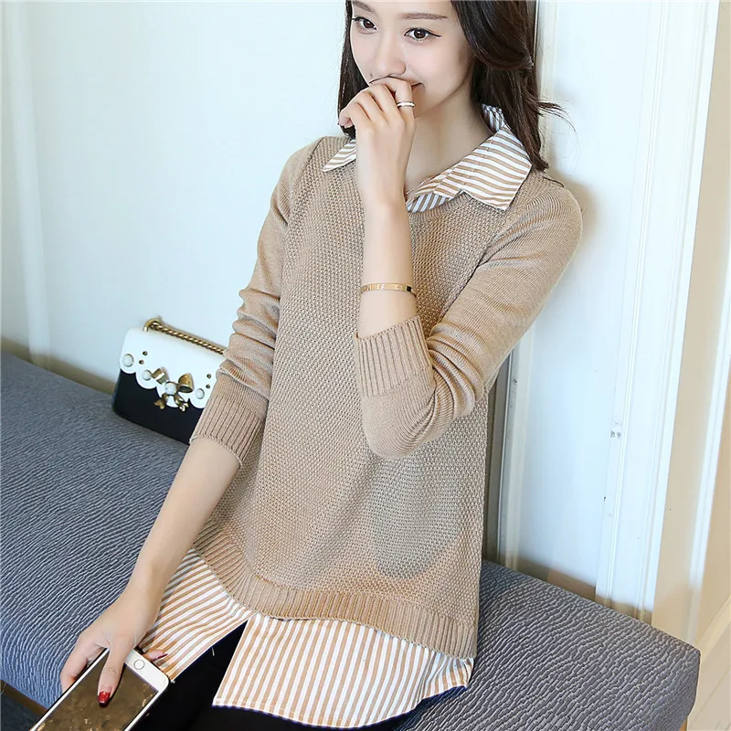 

Fake two pieces Autumn Winter Knitted Sweater Women 2019 new Fashion Shirt Collar Medium Length Pullovers Loose Sweater Female