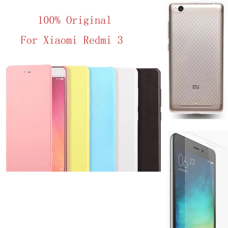100% Original Xiaomi Redmi 3 Case Flip Cover TPU Case Screen Protector For Xiaomi Redmi 3 Tempered Glass