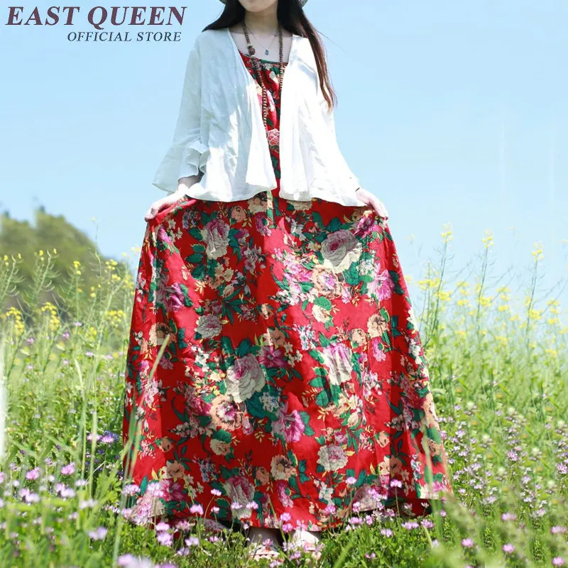 Цветочное длинное платье китайское традиционное льняные платья летние женские