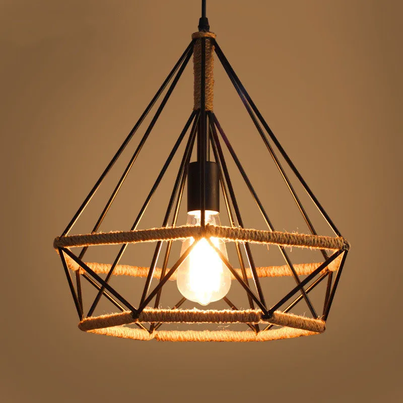 

38cm 25cm Bird Cage Shape Countryside Hemp Rope LED Hanging Lamp Retro Loft Industrial Iron Pendant Light Indoor Home Lighting