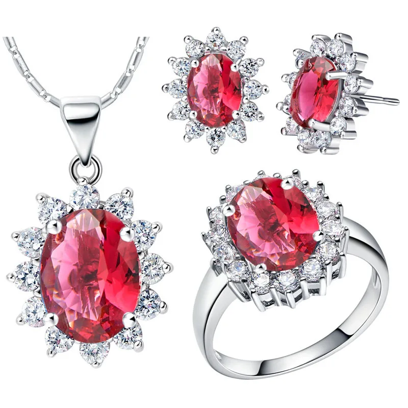 2017 Мода Ювелирные Наборы CZ Алмазов для Женщин Свадьба Розовый Ruby Blue Crystal Ожерелье