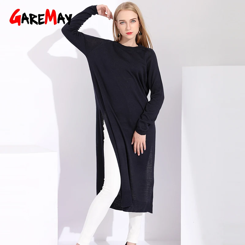 Long Knitted Sweater Women Fashion Autumn Outwear Sweaters For Ladies Pullovers Thin Side Slit Dress Women's | Женская одежда